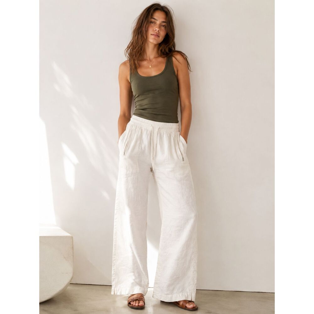 Athleta Women’s 10 100% Linen Wide Leg Pants White Drawstring Utility Pockets